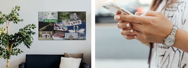 vision board hanging on wall with mobile vision board on cell phone